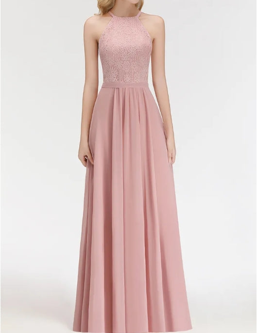 Long A-Line Halter Lace Chiffon Bridesmaid Dresses