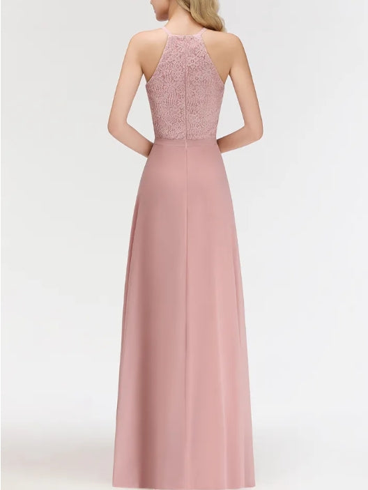 Long A-Line Halter Lace Chiffon Bridesmaid Dresses