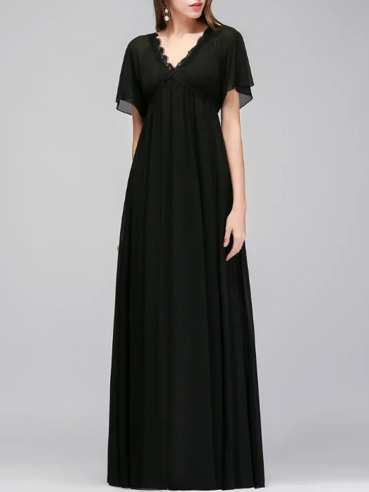 Black A-line V-Neck Floor-Length Chiffon Bridesmaid Dresses with Sleeves