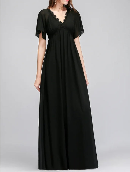 Black A-line V-Neck Floor-Length Chiffon Bridesmaid Dresses with Sleeves