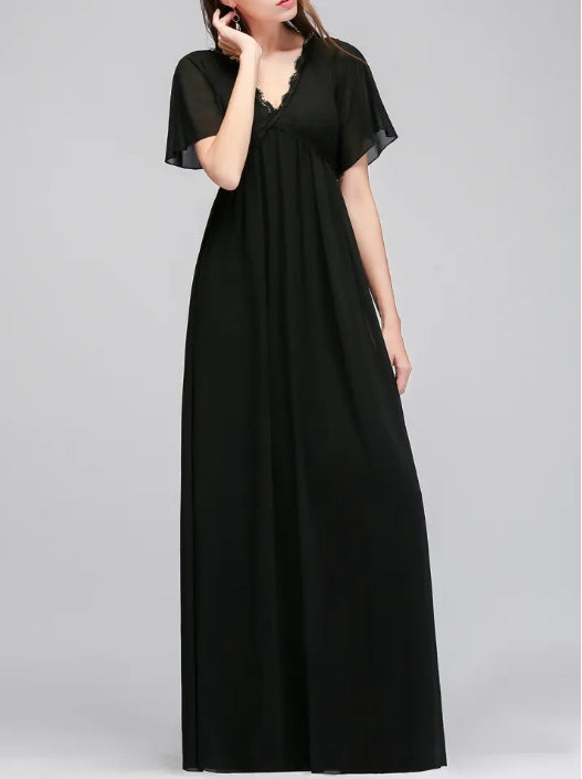 Black A-line V-Neck Floor-Length Chiffon Bridesmaid Dresses with Sleeves