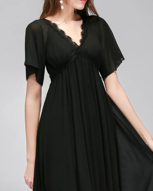 Black A-line V-Neck Floor-Length Chiffon Bridesmaid Dresses with Sleeves