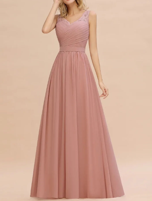 A-line Chiffon Lace V-Neck Ruffles Chiffon Bridesmaid Dress