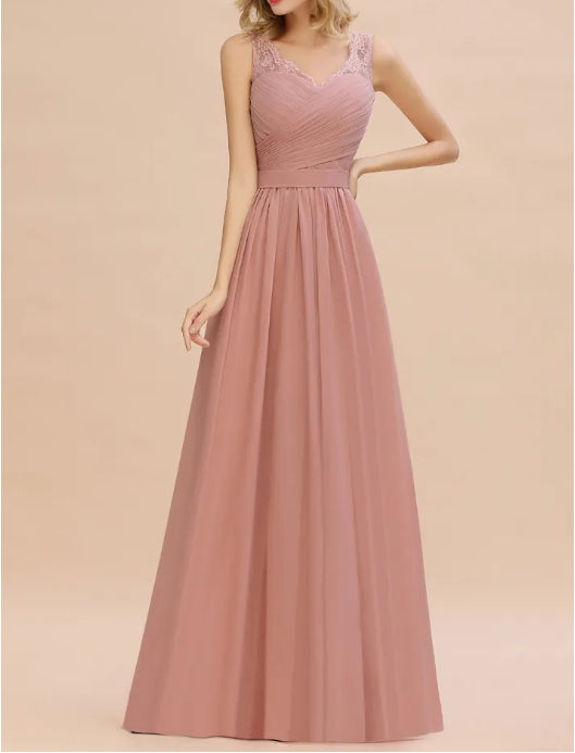 A-line Chiffon Lace V-Neck Ruffles Chiffon Bridesmaid Dress