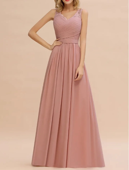 A-line Chiffon Lace V-Neck Ruffles Chiffon Bridesmaid Dress