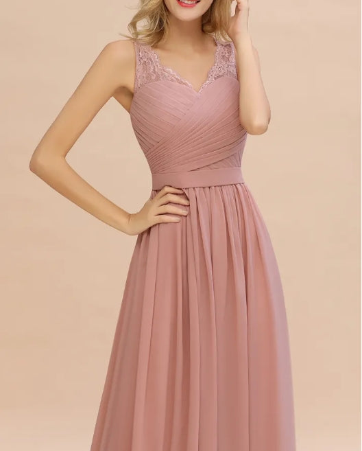 A-line Chiffon Lace V-Neck Ruffles Chiffon Bridesmaid Dress