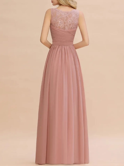 A-line Chiffon Lace V-Neck Ruffles Chiffon Bridesmaid Dress