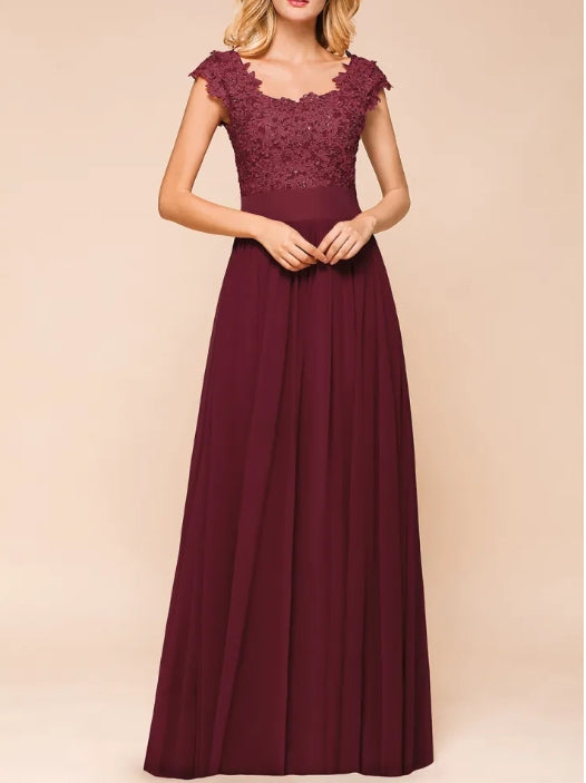 A-line Chiffon Lace Scoop Floor Length Formal Bridesmaid Dresses