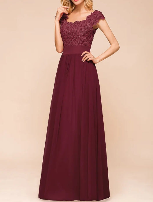 A-line Chiffon Lace Scoop Floor Length Formal Bridesmaid Dresses