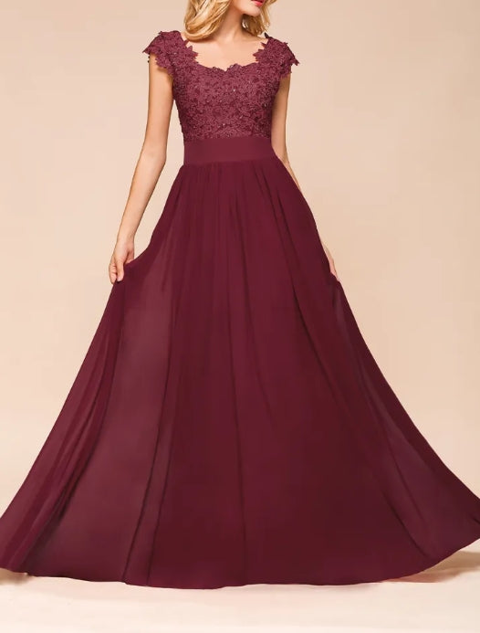 A-line Chiffon Lace Scoop Floor Length Formal Bridesmaid Dresses