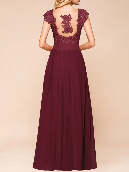 A-line Chiffon Lace Scoop Floor Length Formal Bridesmaid Dresses
