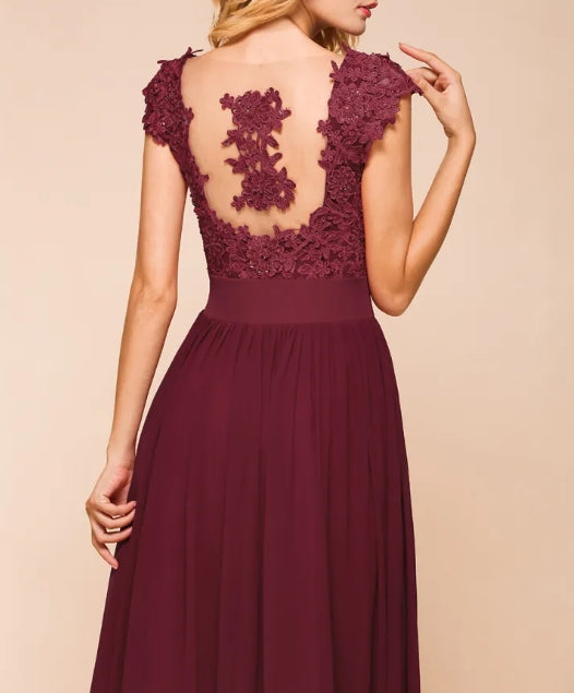 A-line Chiffon Lace Scoop Floor Length Formal Bridesmaid Dresses