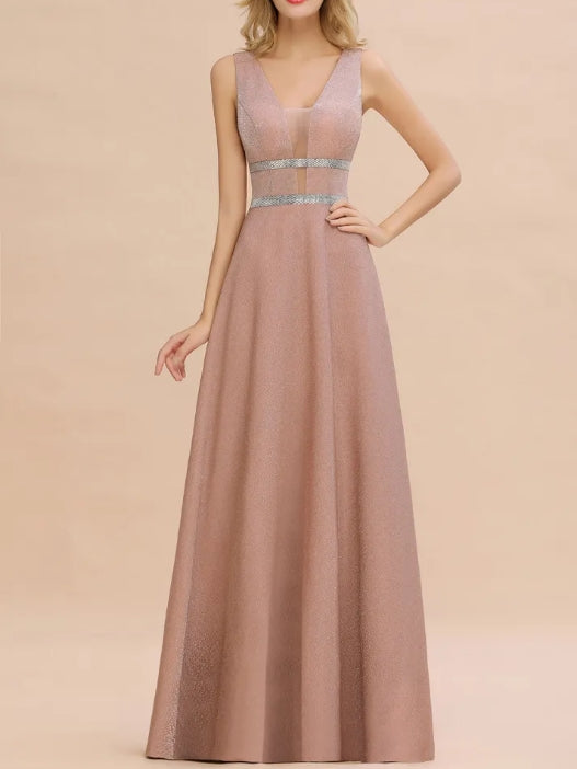 Long A-line V-neck Sleeveless Backless Bridesmaid Dresses