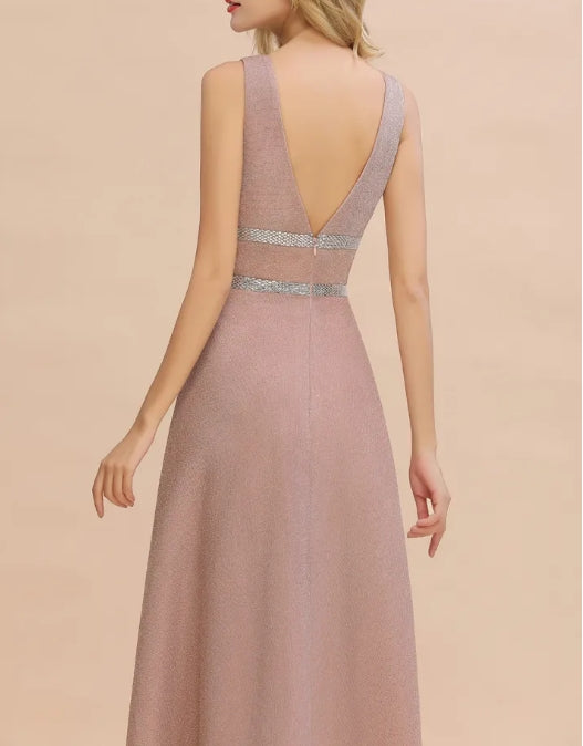 Long A-line V-neck Sleeveless Backless Bridesmaid Dresses