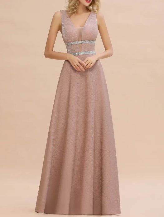 Long A-line V-neck Sleeveless Backless Bridesmaid Dresses
