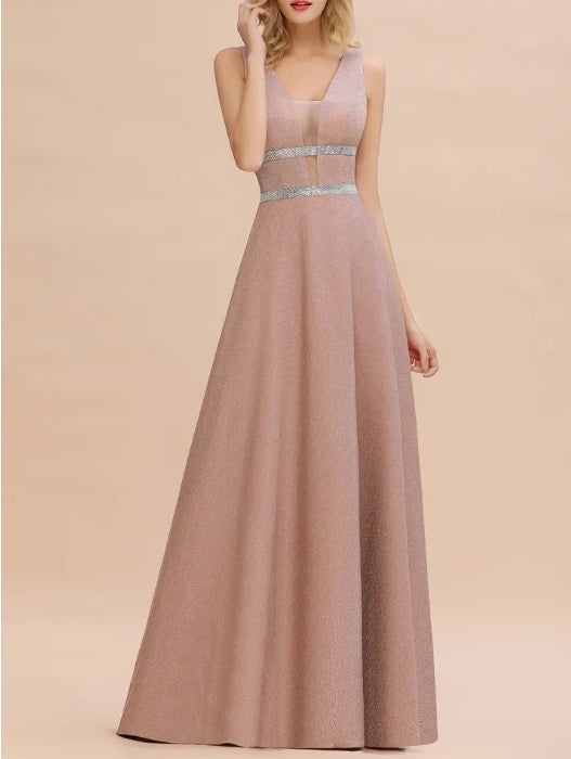 Long A-line V-neck Sleeveless Backless Bridesmaid Dresses