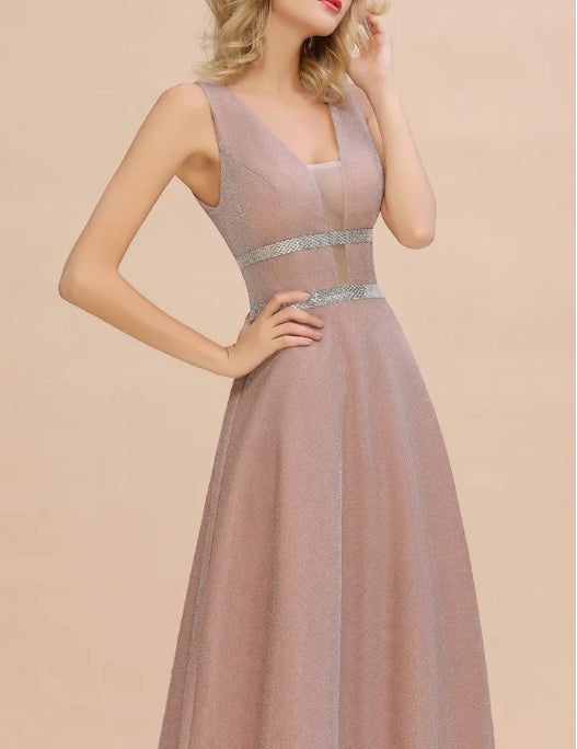 Long A-line V-neck Sleeveless Backless Bridesmaid Dresses
