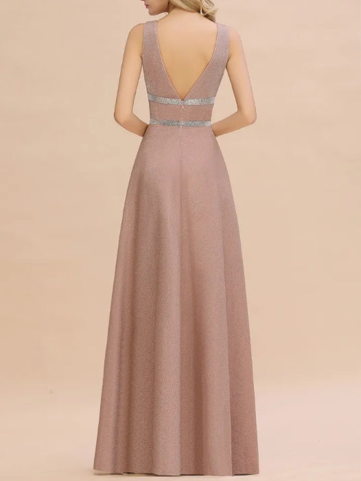 Long A-line V-neck Sleeveless Backless Bridesmaid Dresses