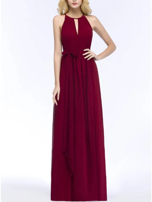 A-line Halter Floor Length Burgundy Bridesmaid Dress with Bow Sash