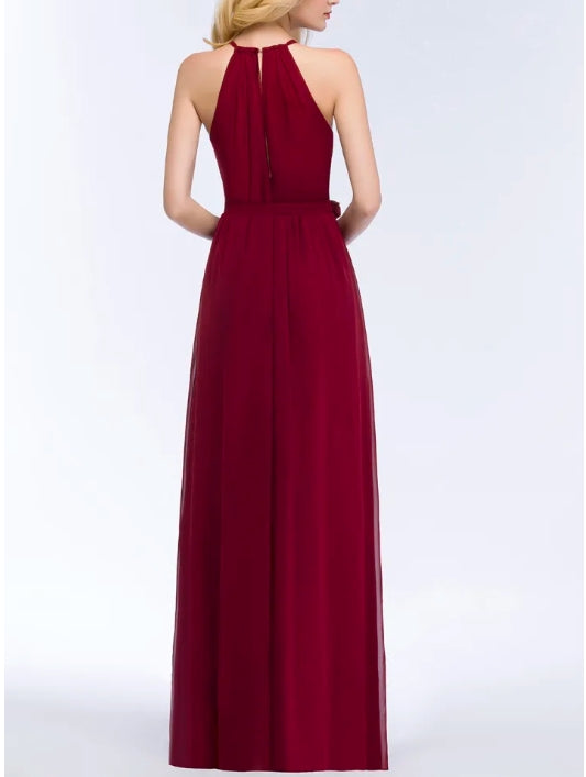 A-line Halter Floor Length Burgundy Bridesmaid Dress with Bow Sash