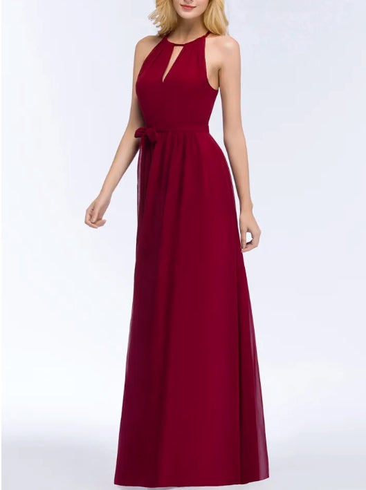 A-line Halter Floor Length Burgundy Bridesmaid Dress with Bow Sash