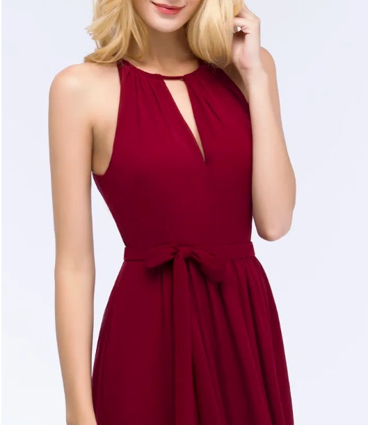 A-line Halter Floor Length Burgundy Bridesmaid Dress with Bow Sash