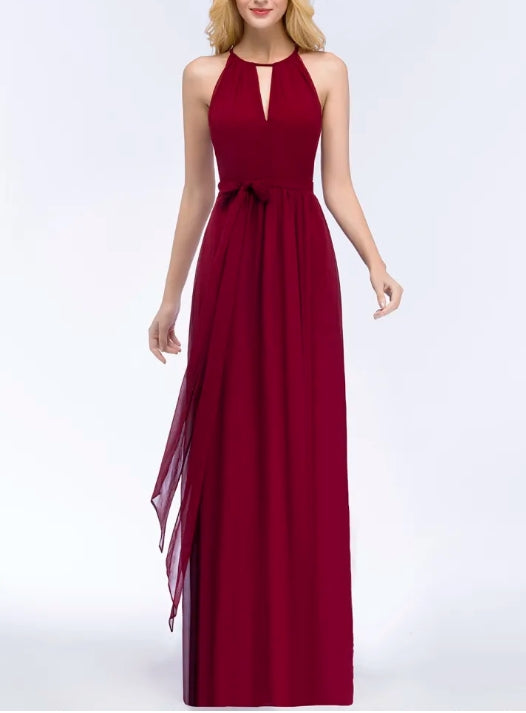 A-line Halter Floor Length Burgundy Bridesmaid Dress with Bow Sash