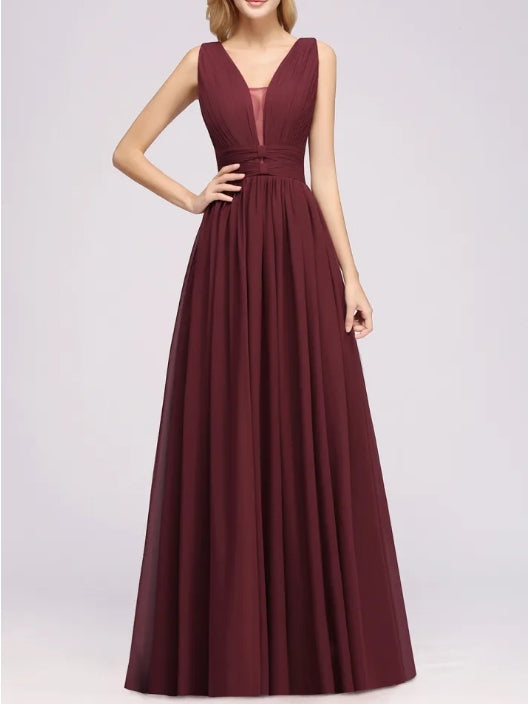 Long A-line V-Neck Floor-length Chiffon Bridesmaid Dress