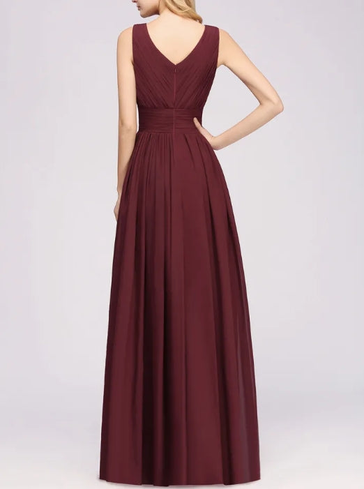 Long A-line V-Neck Floor-length Chiffon Bridesmaid Dress