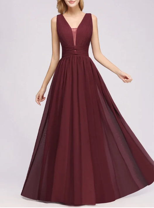 Long A-line V-Neck Floor-length Chiffon Bridesmaid Dress