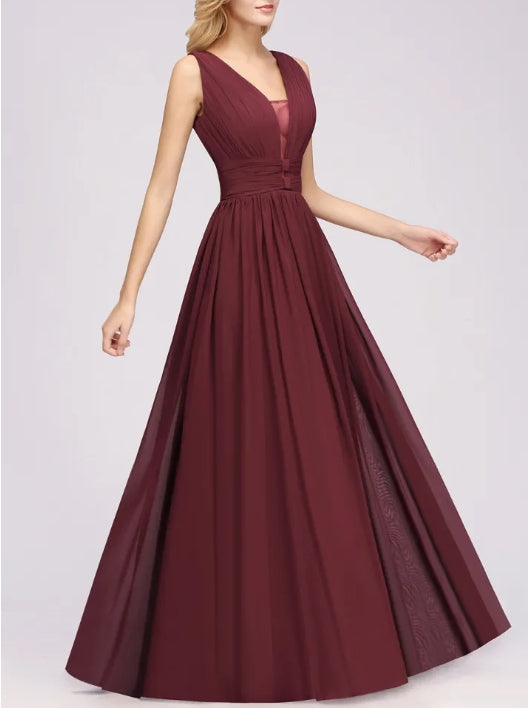 Long A-line V-Neck Floor-length Chiffon Bridesmaid Dress