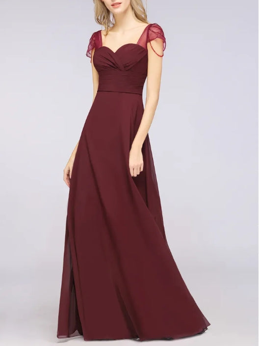 A-Line Sweetheart Cap-Sleeves Ruffle Floor-Length Bridesmaid Dress with