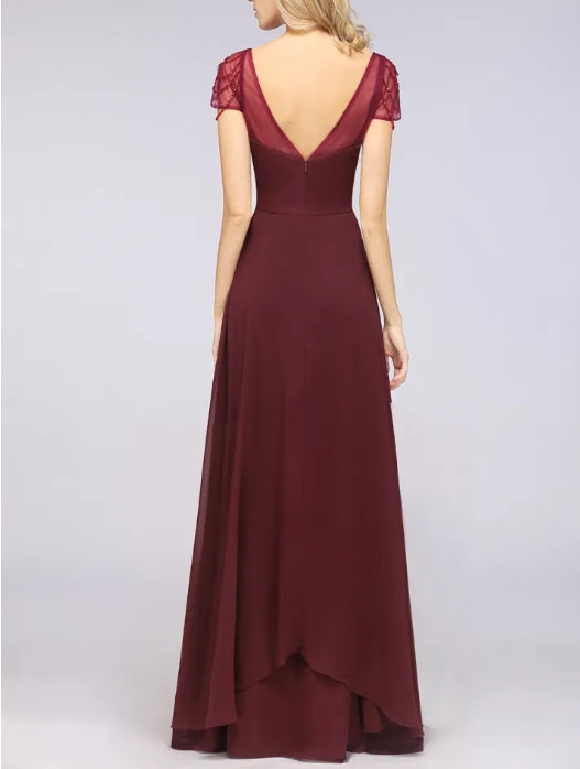 A-Line Sweetheart Cap-Sleeves Ruffle Floor-Length Bridesmaid Dress with
