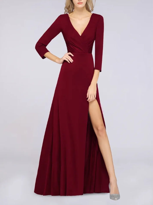 A-Line V-Neck Long Sleeves Side-Slit Floor Length Bridesmaid Dress with