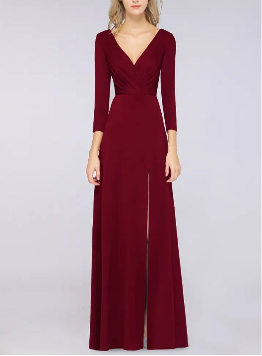 A-Line V-Neck Long Sleeves Side-Slit Floor Length Bridesmaid Dress with