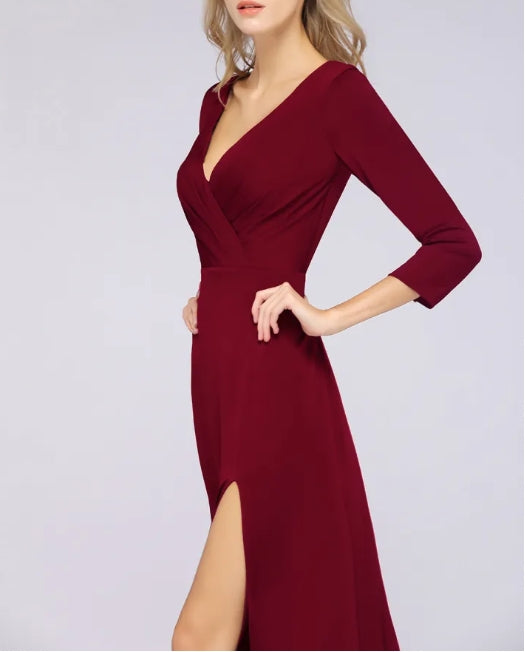 A-Line V-Neck Long Sleeves Side-Slit Floor Length Bridesmaid Dress with