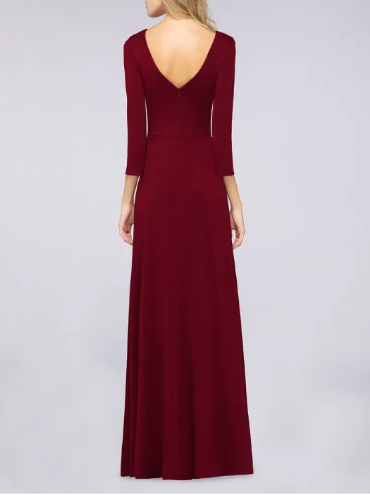 A-Line V-Neck Long Sleeves Side-Slit Floor Length Bridesmaid Dress with
