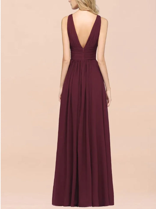 A-Line V-Neck Sleeveless Floor-Length Bridesmaid Dress with