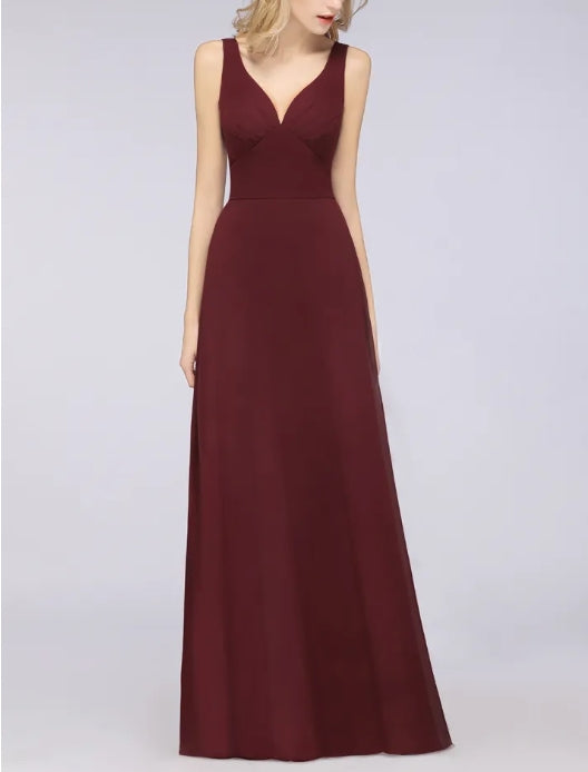 A-Line V-Neck Straps Sleeveless Ruffles Floor-Length Bridesmaid Dress with