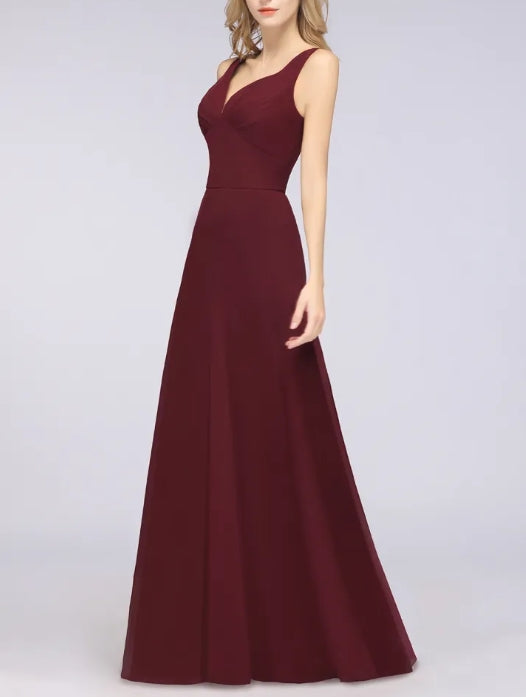 A-Line V-Neck Straps Sleeveless Ruffles Floor-Length Bridesmaid Dress with
