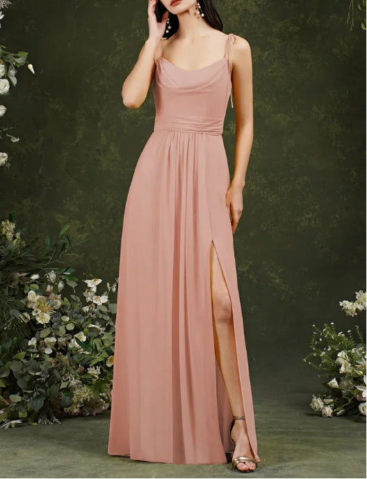 Chiffon Spaghetti Straps A-line Backless Bridesmaid Dress With Split Pockets