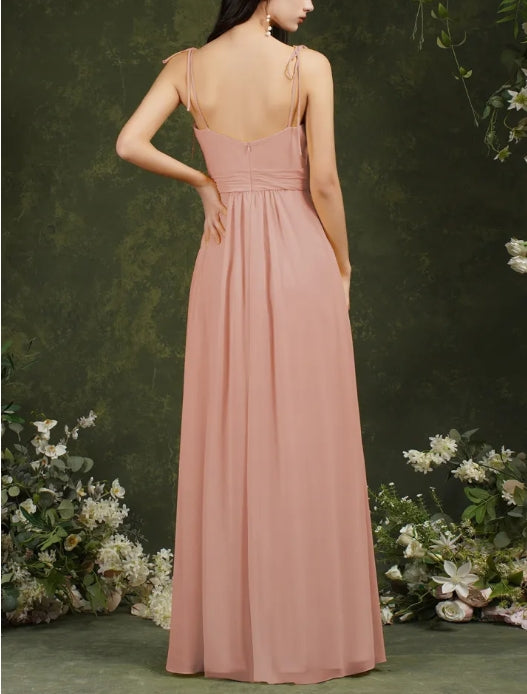 Chiffon Spaghetti Straps A-line Backless Bridesmaid Dress With Split Pockets