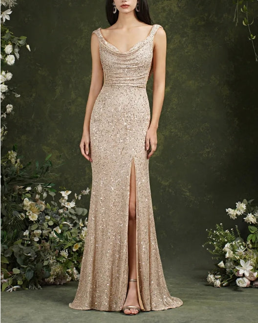 Scoop Neck Sequins Backless Mermaid Bridesmaid Dress With Side Slit