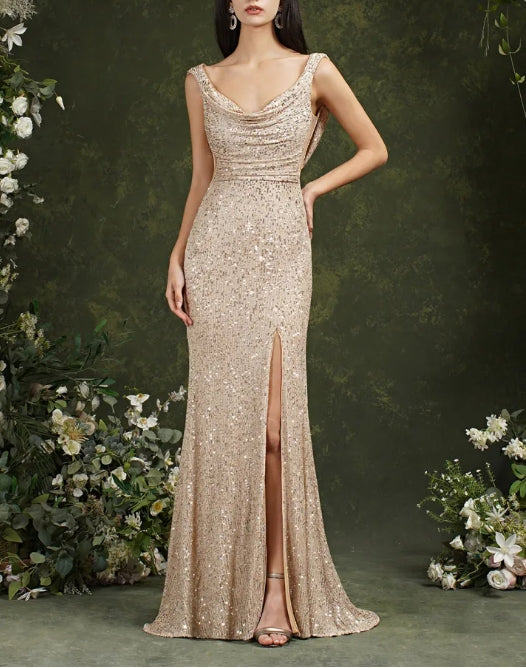 Scoop Neck Sequins Backless Mermaid Bridesmaid Dress With Side Slit