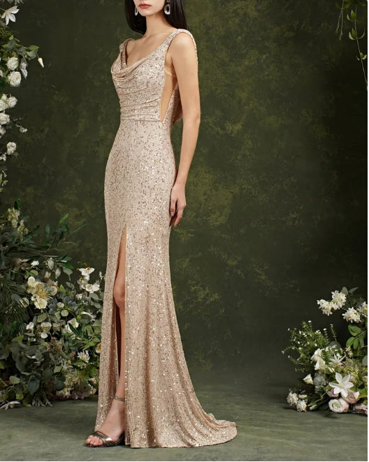 Scoop Neck Sequins Backless Mermaid Bridesmaid Dress With Side Slit