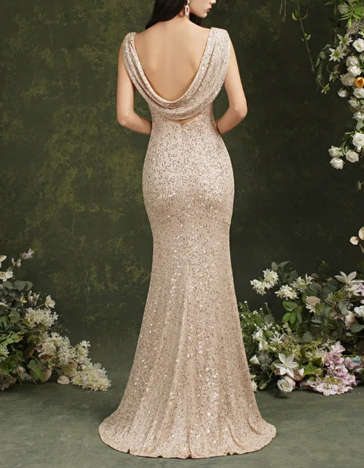 Scoop Neck Sequins Backless Mermaid Bridesmaid Dress With Side Slit