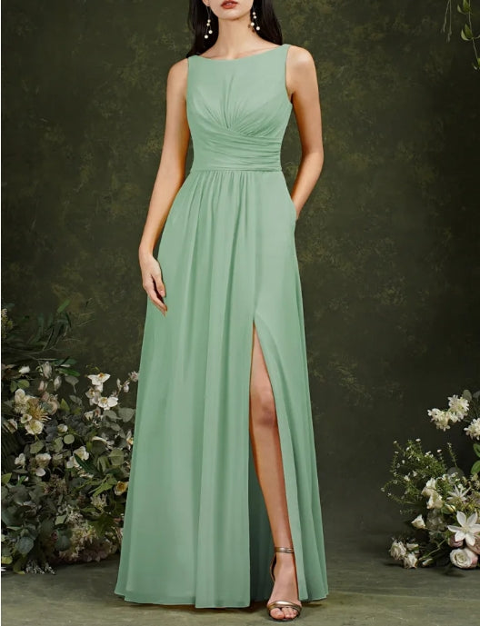 A-Line Chiffon Ruffles Split Floor-length Bridesmaid Dress With Pockets