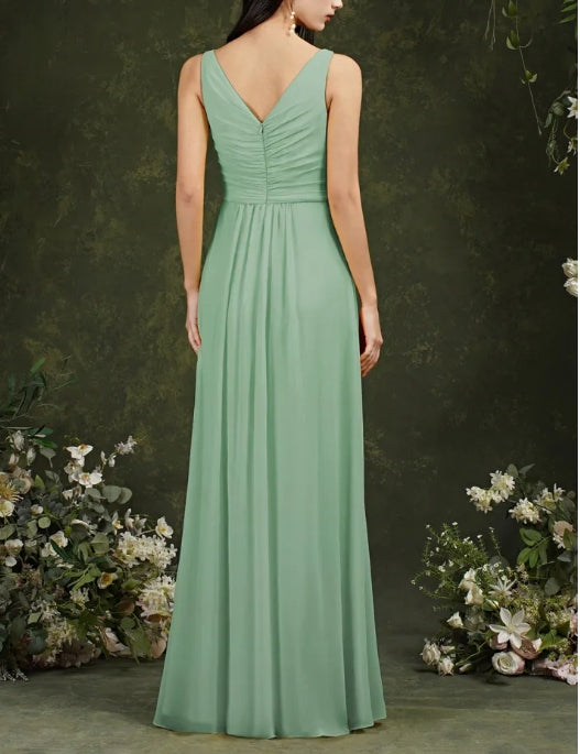 A-Line Chiffon Ruffles Split Floor-length Bridesmaid Dress With Pockets