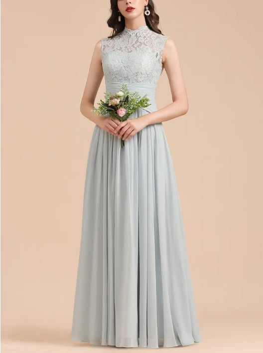A-line High Neck Chiffon Lace Floor Length Bridesmaid Dresses