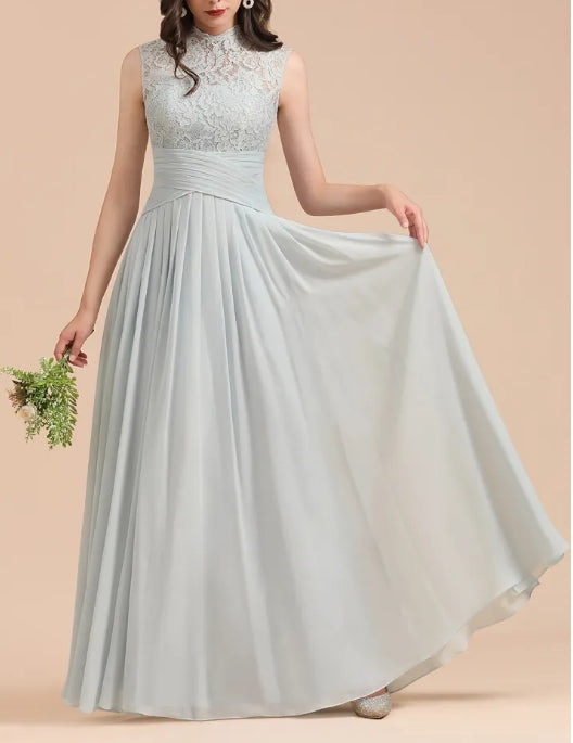 A-line High Neck Chiffon Lace Floor Length Bridesmaid Dresses